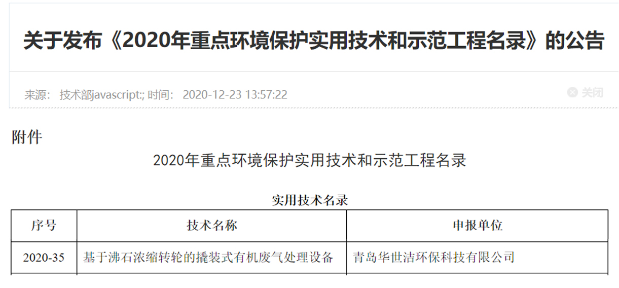 喜訊！華世潔環保撬裝式一體機設備列入《2020年重點環境保護實用技術和示范工程名錄》(圖1)